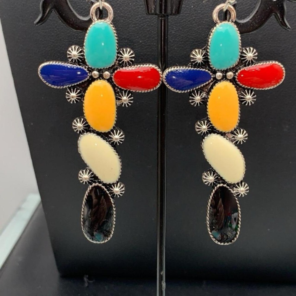Silver tone and Multi-colored enamel cross earrings